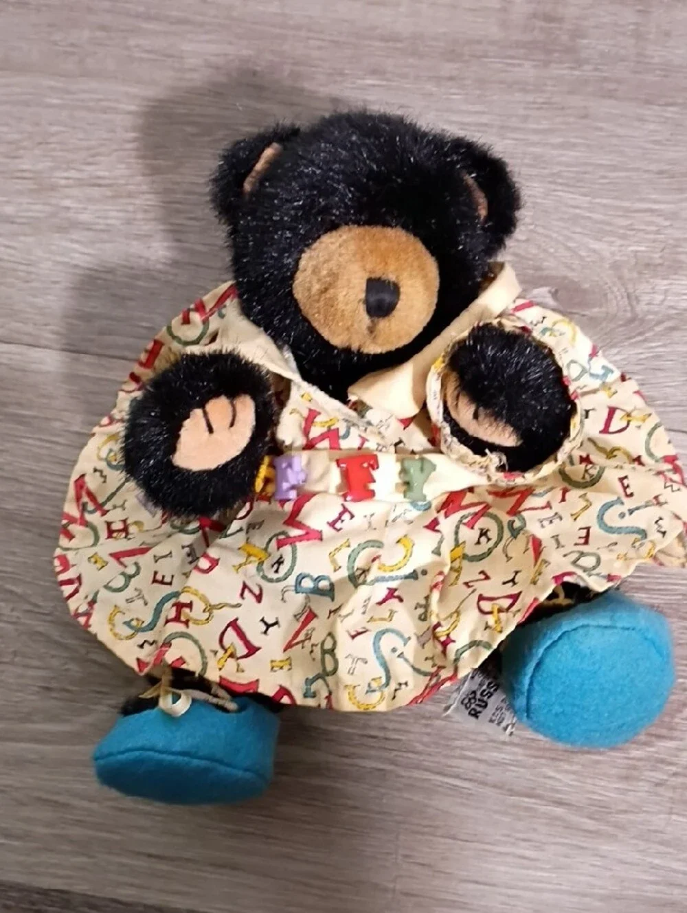 Russ Black Plush Bear in Alphabet‎ Dress with Blue Shoes